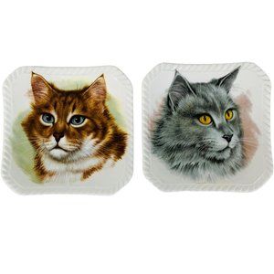 Vintage Royal Adderly Cat Trinket Dishes 4" Mini Plates Set of 2 Kitty Tabby